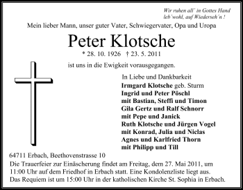 Traueranzeige von Peter Klotsche von Echo-Zeitungen (Gesamtausgabe)