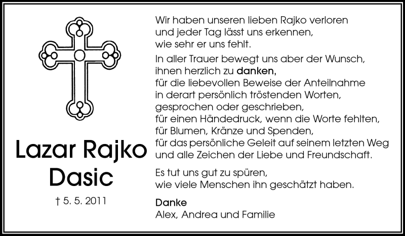  Traueranzeige für Lazar Rajko Dasic vom 28.05.2011 aus Echo-Zeitungen (Gesamtausgabe)
