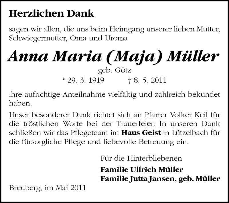  Traueranzeige für Anna Maria Müller vom 28.05.2011 aus Odenwälder Echo