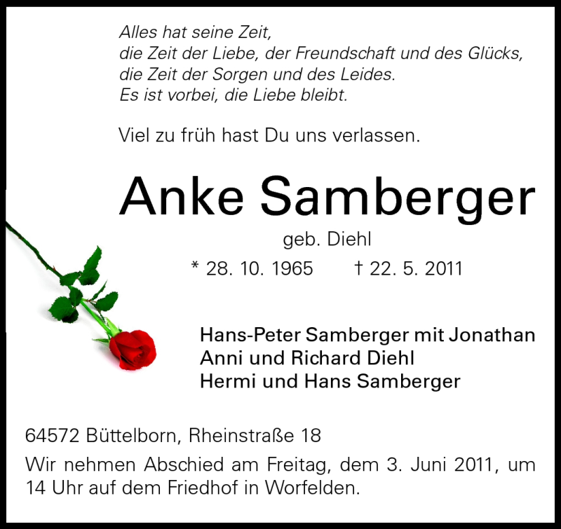  Traueranzeige für Anke Samberger vom 28.05.2011 aus Echo-Zeitungen (Gesamtausgabe)