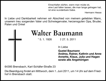 Traueranzeige von Walter Baumann von Echo-Zeitungen (Gesamtausgabe)