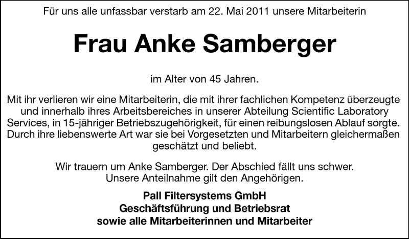  Traueranzeige für Anke Samberger vom 01.06.2011 aus Echo-Zeitungen (Gesamtausgabe)