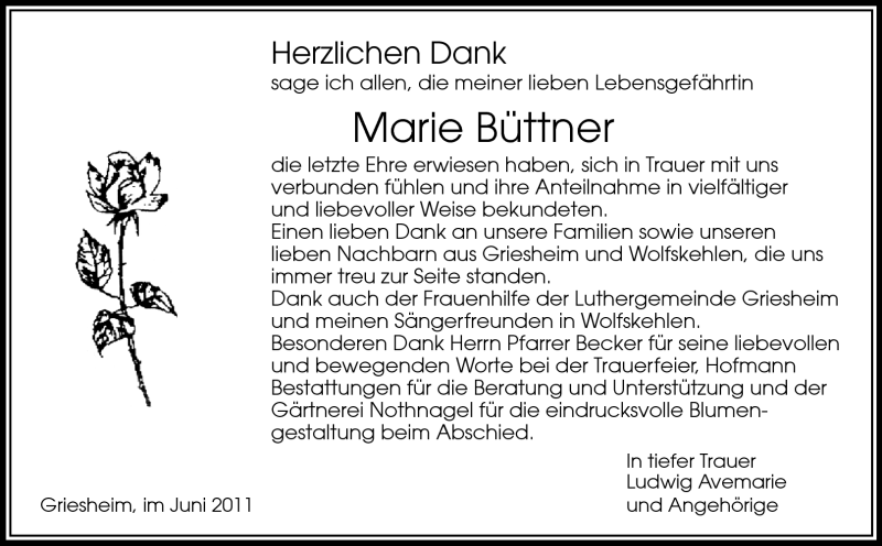  Traueranzeige für Marie Büttner vom 04.06.2011 aus Darmstädter Echo, Odenwälder Echo, Rüsselsheimer Echo, Groß-Gerauer-Echo, Ried Echo