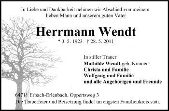 Traueranzeige von Hermann Wendt von Odenwälder Echo
