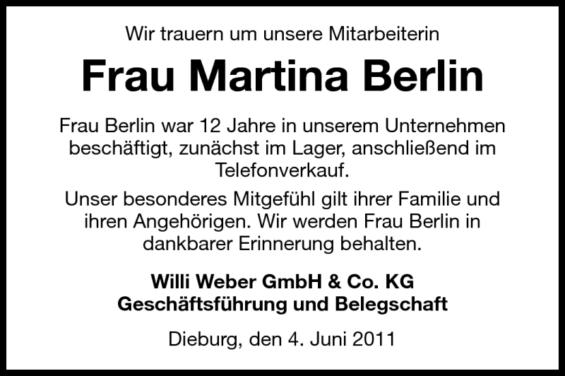 Traueranzeige für Martina Berlin vom 04.06.2011 aus Echo-Zeitungen (Gesamtausgabe)
