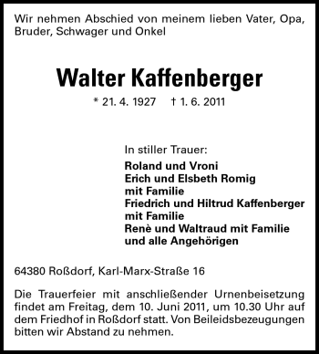 Traueranzeige von Walter Kaffenberger von Echo-Zeitungen (Gesamtausgabe)