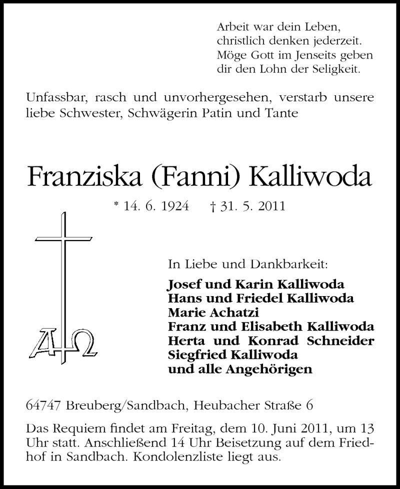  Traueranzeige für Franziska Kalliwoda vom 08.06.2011 aus Odenwälder Echo
