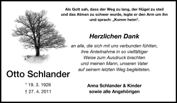 Traueranzeige von Otto Schlander von Odenwälder Echo