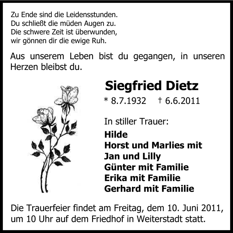  Traueranzeige für Siegfried Dietz vom 08.06.2011 aus Echo-Zeitungen (Gesamtausgabe)