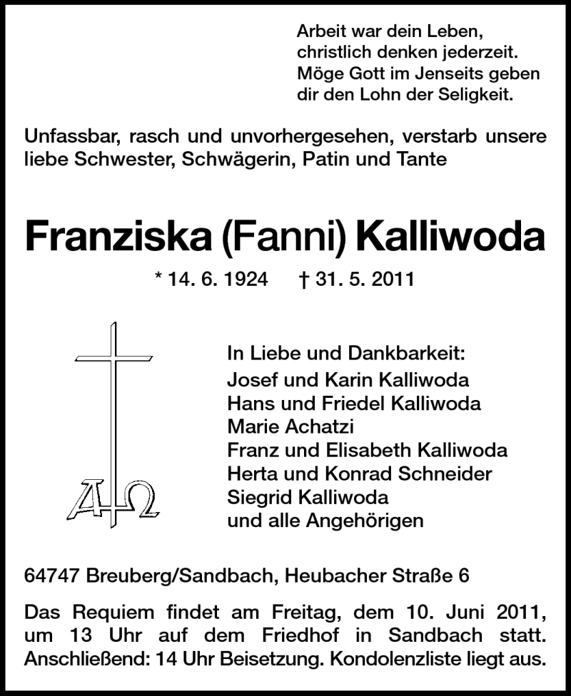  Traueranzeige für Franziska Kalliwoda vom 09.06.2011 aus Odenwälder Echo
