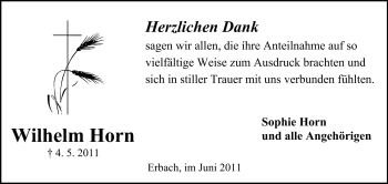 Traueranzeige von Wilhelm Horn von Odenwälder Echo