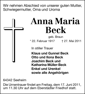 Traueranzeige von Anna Maria Beck von Echo-Zeitungen (Gesamtausgabe)