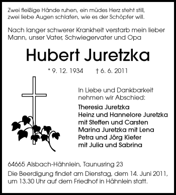 Traueranzeige von Hubert Juretzka von Echo-Zeitungen (Gesamtausgabe)