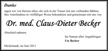 Traueranzeige von Claus-Dieter Becker von Odenwälder Echo