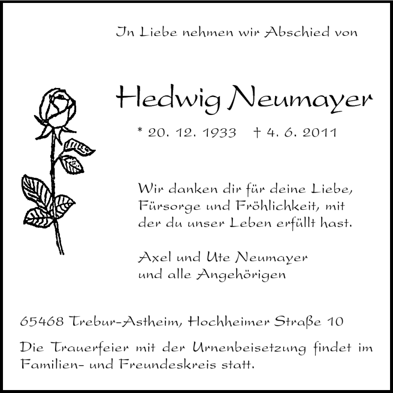  Traueranzeige für Hedwig Neumayer vom 11.06.2011 aus Rüsselsheimer Echo, Groß-Gerauer-Echo, Ried Echo