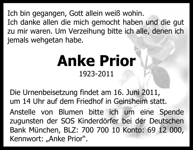  Traueranzeige für Anke Prior vom 11.06.2011 aus Rüsselsheimer Echo, Groß-Gerauer-Echo, Ried Echo