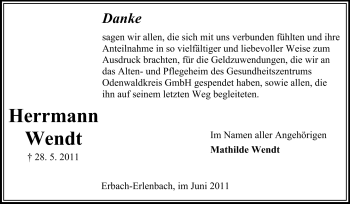 Traueranzeige von Herrmann Wendt von Odenwälder Echo