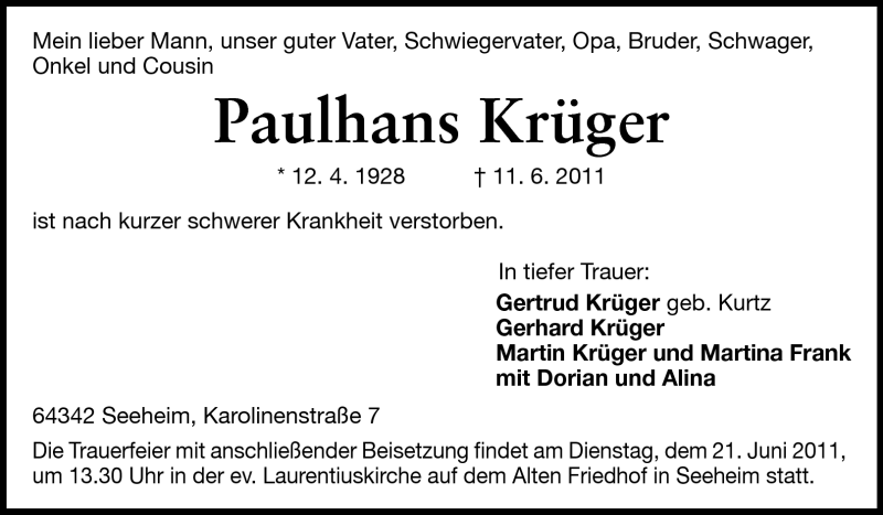  Traueranzeige für Paulhans Krüger vom 14.06.2011 aus Echo-Zeitungen (Gesamtausgabe)