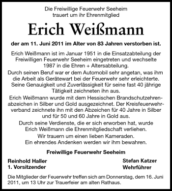 Traueranzeige von Erich Weißmann von Echo-Zeitungen (Gesamtausgabe)