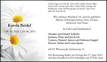 Traueranzeige von Karola Berdel von Echo-Zeitungen (Gesamtausgabe)