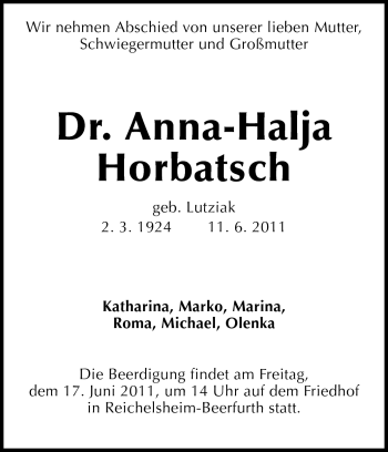 Traueranzeige von Anna-Halja Horbatsch von Odenwälder Echo