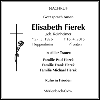Traueranzeige von Elisabeth Fierek von Starkenburger Echo