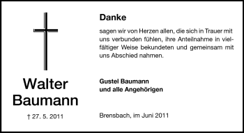 Traueranzeige von Walter Baumann von Echo-Zeitungen (Gesamtausgabe)