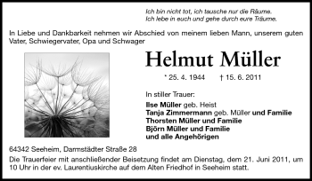 Traueranzeige von Helmut Müller von Echo-Zeitungen (Gesamtausgabe)