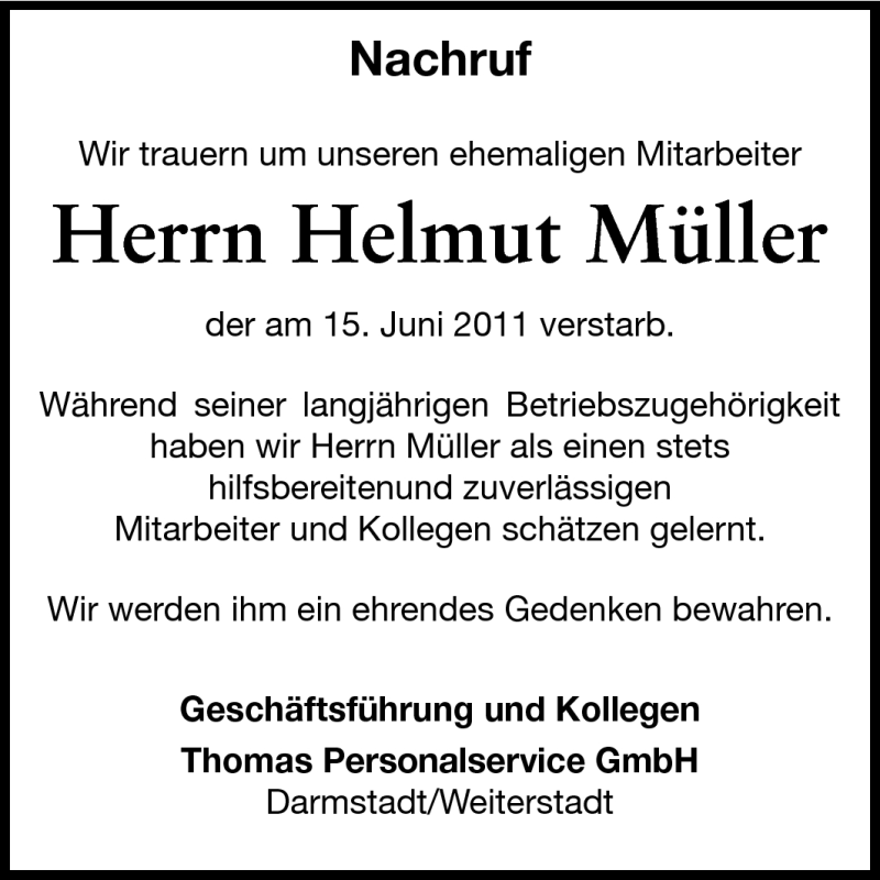  Traueranzeige für Helmut Müller vom 18.06.2011 aus Echo-Zeitungen (Gesamtausgabe)