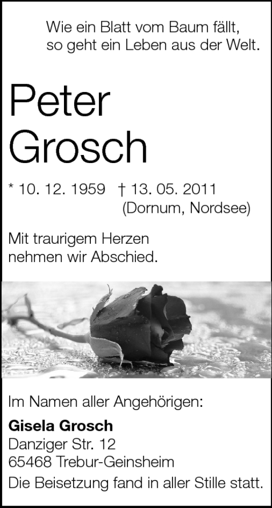  Traueranzeige für Peter Grosch vom 18.06.2011 aus Rüsselsheimer Echo, Groß-Gerauer-Echo, Ried Echo