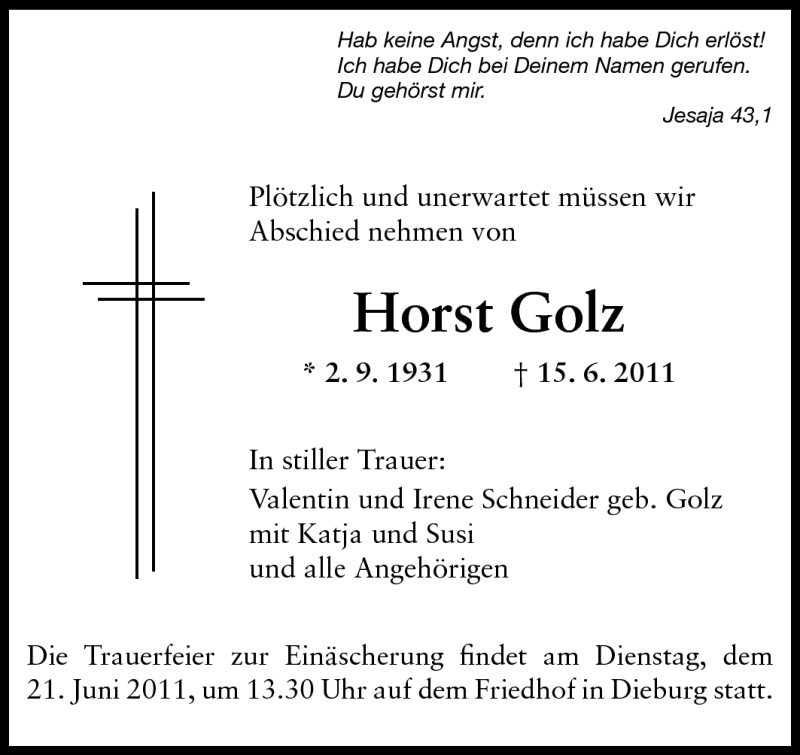 Traueranzeige für Horst Golz vom 18.06.2011 aus Darmstädter Echo, Odenwälder Echo, Rüsselsheimer Echo, Groß-Gerauer-Echo, Ried Echo