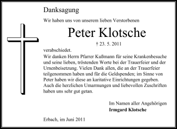 Traueranzeige von Peter Klotsche von Odenwälder Echo