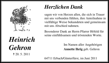 Traueranzeige von Heinrich Gehron von Odenwälder Echo