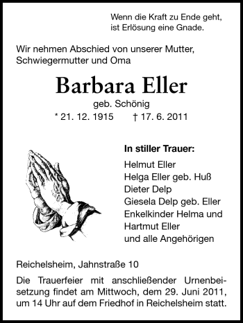 Traueranzeige von Barbara Eller von Odenwälder Echo