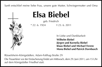 Traueranzeige von Elsa Biebel von Rüsselsheimer Echo, Groß-Gerauer-Echo, Ried Echo
