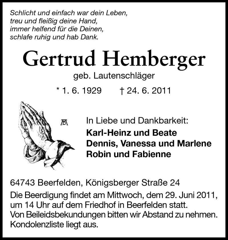  Traueranzeige für Gertrud Hemberger vom 27.06.2011 aus Odenwälder Echo