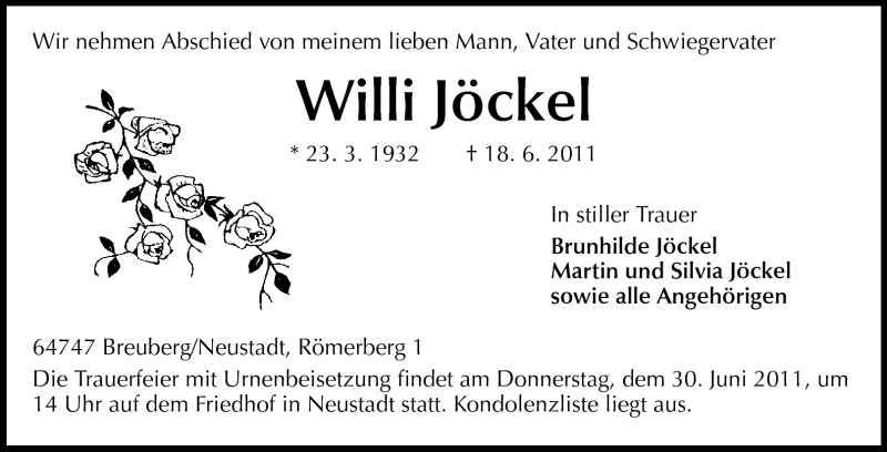  Traueranzeige für Willi Jöckel vom 28.06.2011 aus Odenwälder Echo
