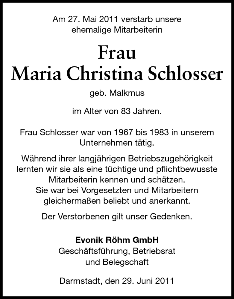  Traueranzeige für Maria Christina Schlosser vom 29.06.2011 aus Echo-Zeitungen (Gesamtausgabe)