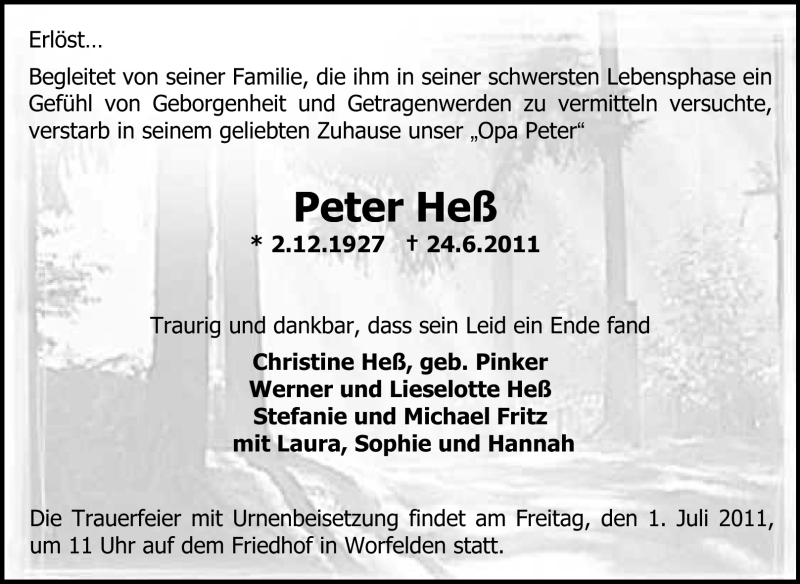  Traueranzeige für Peter Heß vom 29.06.2011 aus Rüsselsheimer Echo, Groß-Gerauer-Echo, Ried Echo