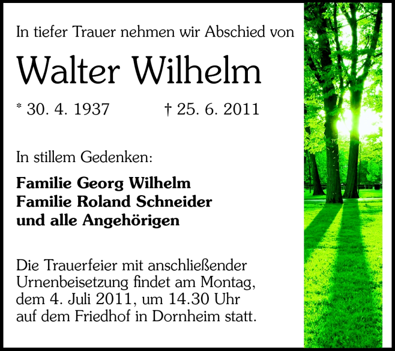  Traueranzeige für Walter Wilhelm vom 02.07.2011 aus Rüsselsheimer Echo, Groß-Gerauer-Echo, Ried Echo
