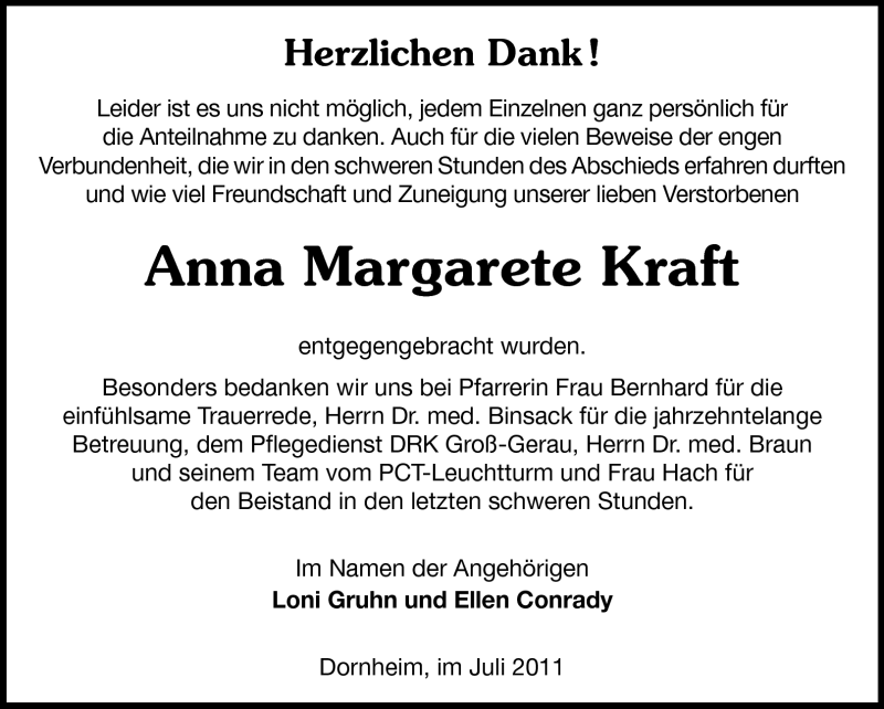  Traueranzeige für Anna Margarete Kraft vom 02.07.2011 aus Rüsselsheimer Echo, Groß-Gerauer-Echo, Ried Echo