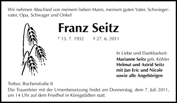 Traueranzeige von Franz Seitz von Darmstädter Echo, Odenwälder Echo, Rüsselsheimer Echo, Groß-Gerauer-Echo, Ried Echo