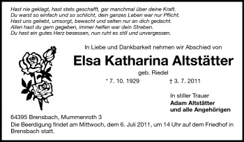 Traueranzeige von Elsa Katharina Altstätter von Odenwälder Echo