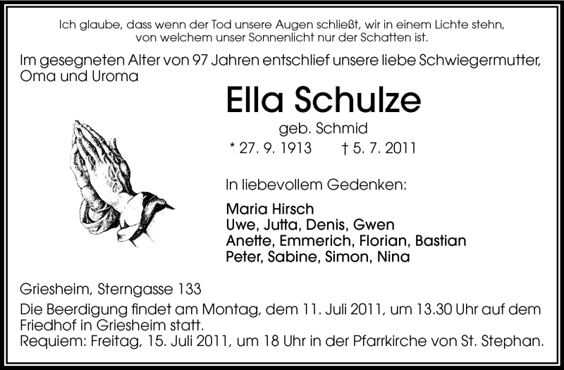  Traueranzeige für Ella Schulze vom 09.07.2011 aus Echo-Zeitungen (Gesamtausgabe)