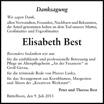 Traueranzeige von Elisabeth Best von Echo-Zeitungen (Gesamtausgabe)