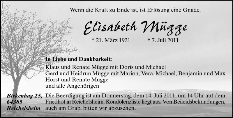  Traueranzeige für Elisabeth Mügge vom 12.07.2011 aus Echo-Zeitungen (Gesamtausgabe)