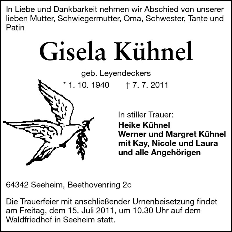  Traueranzeige für Gisela Kühnel vom 11.07.2011 aus Echo-Zeitungen (Gesamtausgabe)