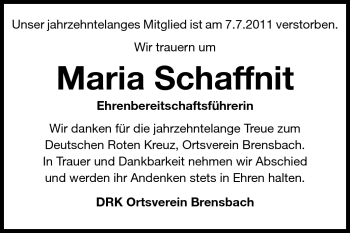 Traueranzeige von Maria Schaffnit von Echo-Zeitungen (Gesamtausgabe)