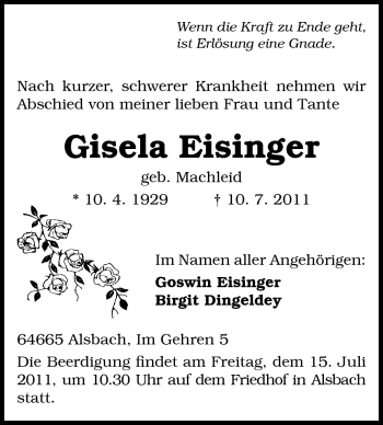 Traueranzeige von Gisela Eisinger von Echo-Zeitungen (Gesamtausgabe)