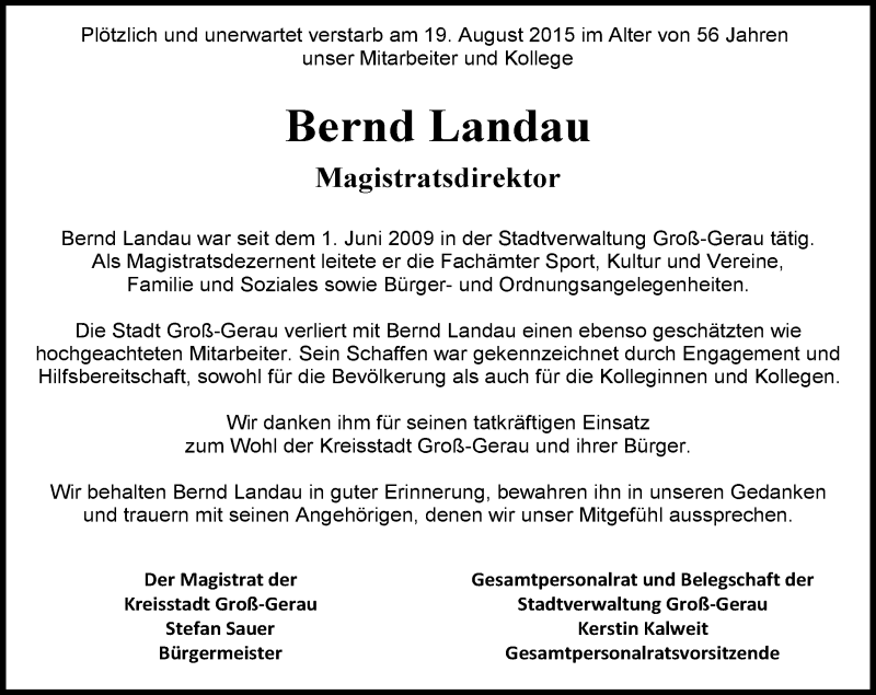  Traueranzeige für Bernd Landau vom 25.08.2015 aus trauer.echo-online.de